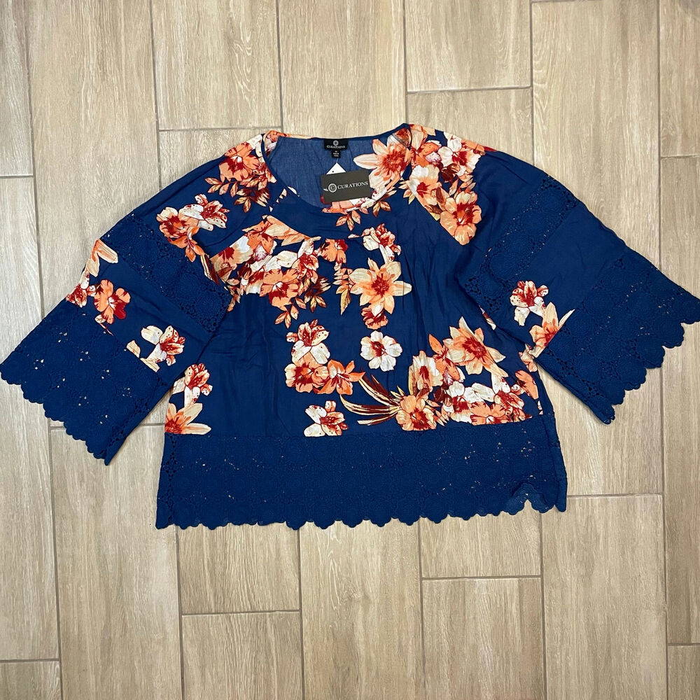 Curation Womens 2X Floral Eyelet Lace Blouse Navy Boho Spring Top NWT